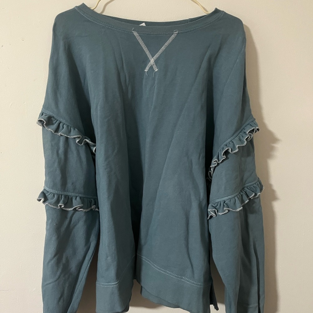 Blue Ruffled Sleeve Sweatshirt with Boat Neck and Relaxed Fit